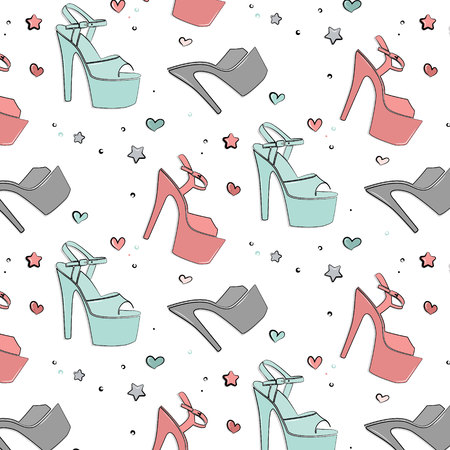 Vector Patel shoes for pole dance. Pole exotic hight heels background. Hot dance night life stripper shoes texture. Cute sport accessories silhouette illustration . Strip dancer beautiful heelsの写真素材