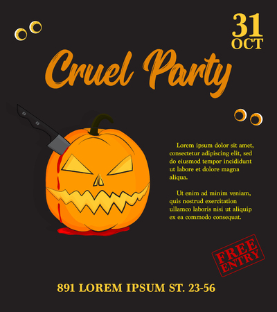 Vector cruel party invitation. Halloween pumpkin with knife and blood.Scary trick or treat holiday print. Bloody horror night sign. 31 October greeting decorationのイラスト素材