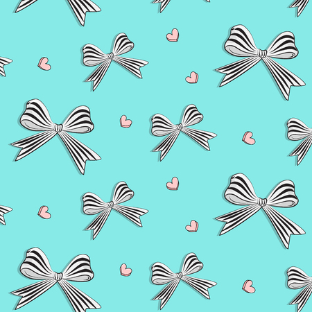Vector graphic bows with hearts. Cute woman decoration. Striped white black stain bow pattern. Satin gift wrap for holiday, woman day. Present gift wrapの写真素材
