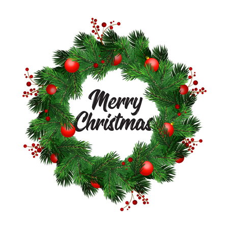 Christmas wreath decorations with fir tree, striped bows, pine cones, holly berries and garland decorative elements. 2018 New Year design. Modern greeting business cardのイラスト素材