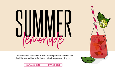 Lemonade drink of pink soda water advertising. Vector lemon and mint leaves in jar with strawberry fresh liquid on beige background. Modern summer poster. Flyer homemade vitamin water typography textのイラスト素材