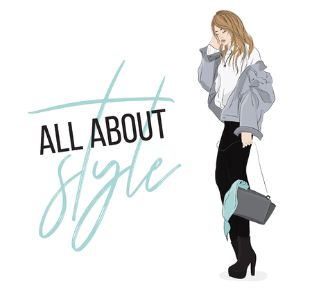 fashion illustration. Casual look outfit. Woman in denim jacket, hoodie, pants and shoes going out.のイラスト素材