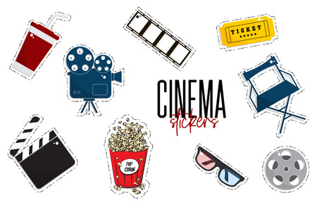 Vector flat cinema stickers movie, cameras, tickets, popcorn, glasses, chair, filmstrip. Tv symbol illustration. Modern graphic design. Film production outline set. Multimedia leisure weekend decorのイラスト素材