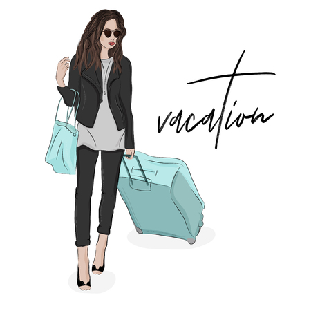 Fashion illustration of woman with luggage in sketch poster girl in journey with bags and sunglasses.のイラスト素材