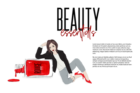 Fashion girl sitting near nail polish bottle, Beautiful woman in sexy red high heels, leather jacket.のイラスト素材