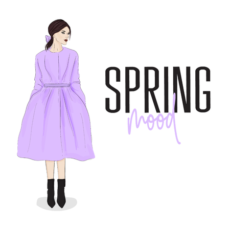 Beautiful young woman in coat and hat. Stylish clothing outfit. Fashion look. Sketch. Vector illustrationのイラスト素材