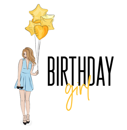 Young girl in beautiful blue dress with golden balloons birthday illustration.のイラスト素材
