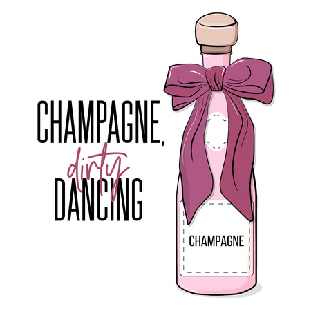Champagne and dirty dancing illustration. Modern poster with bottle of alcohol drink and big bow with typography poster.のイラスト素材