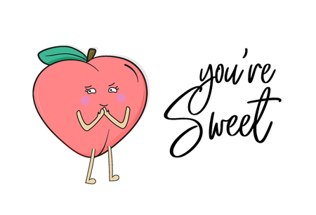 Vector sweet peach poster. Nectarine summer fruit text print. Kitchen quote. Funny kids character juicy hand drawn food. Happy face clipart.のイラスト素材