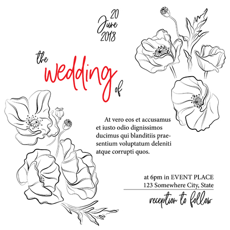 Wedding greeting card invitation. Modern holiday decoration with poppies flowers. Floral vintage template. Spring Summer banner with blossom flowers and leaves.のイラスト素材