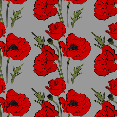 Nature floral poppy pattern vector image. Red petal nature plants isolated on blue background. Botany spring summer blossom decorationのイラスト素材