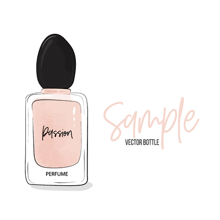 Haute Couture Watercolor Art Card. Beige black Perfume bottle in vector. Trendy woman glamour pastel print. Fashion, Style, beauty. Aroma liquid. Cosmetic fragranceのイラスト素材