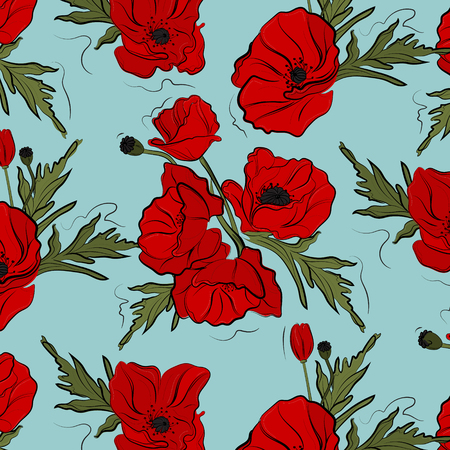 Nature floral poppy pattern vector image. Red petal nature plants isolated on blue background. Botany spring summer blossom decorationのイラスト素材