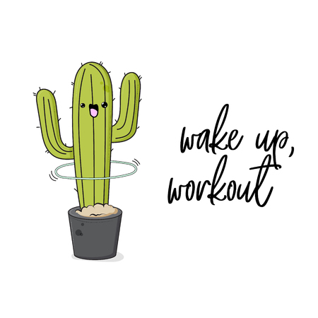Vector funny cactus illustration with  hoop and text. Workout training print. Gym sport motivation quote. Mexican plant cartoon kids trendy clipart.のイラスト素材