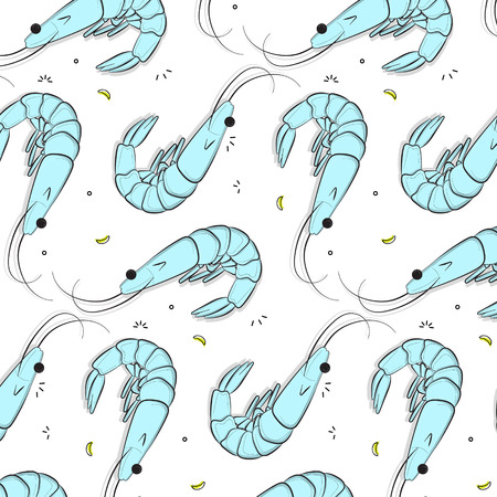 Vector shrimp pattern. Fresh tiger prawn lunch texture. Restaurant delicious food textile print. Ocean healthy food diet fabric wallpaperのイラスト素材