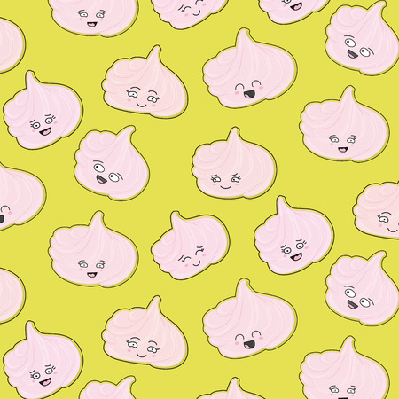 Meringues sweet pattern. Creamy delicious cute marshmallow character sugar texture. Bakery funny  decoration. Delicious kawaii dessert print. Cute girly food sweets.の写真素材