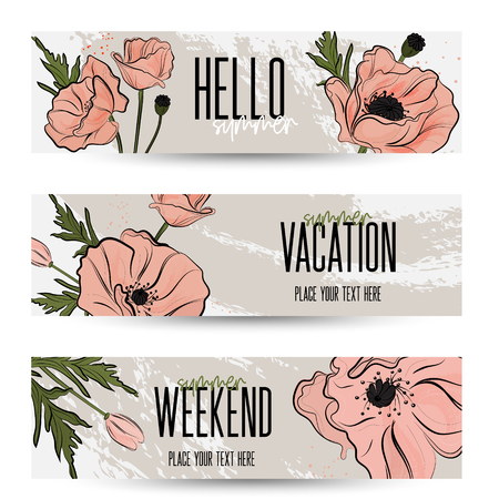 Vector greeting card. Tender summer poppy mock up. Botanical banner with pastel bloom flowers.  Natural stationery greeting cards. Holiday decorationのイラスト素材
