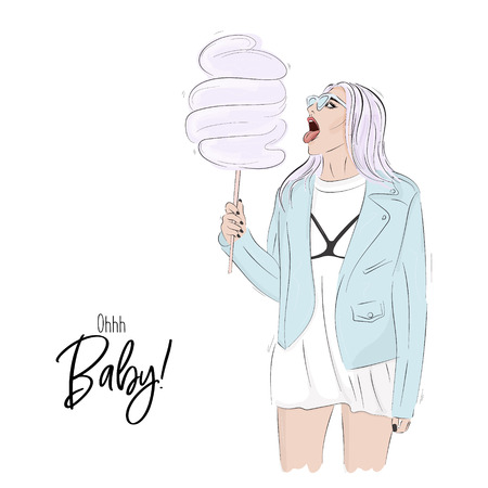 Woman with cotton candy with ohh baby! text vector illustrationのイラスト素材