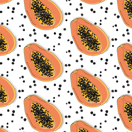 Vector papaya drawing. Summer tropical fabric dessert. Exotic food texture. Contrast vegetarian print.のイラスト素材