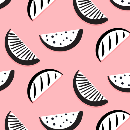 Vector summer funny pattern with monochrome watermelon slices. Black white  Berry background. Fruit food design. Exotic vector art wallpaper. Modern tropical drawingの写真素材