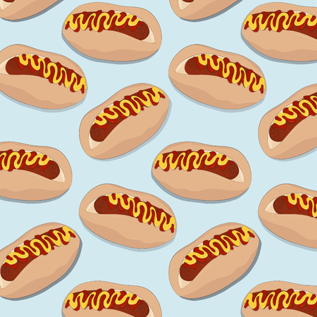 Vector hot dog pattern. American fast food meal. Bread with sausage, ketchup, mustard. Lunch delicious surface pattern. BBQ dinnerのイラスト素材