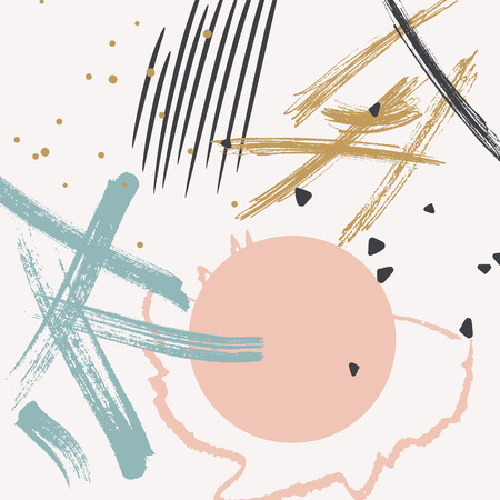 Grunge vector pattern made by hand drawn thin paint strokes. Strokes In happy pastel colors rose, blue, gold. Watercolor stain background. Gouache dirty graphicのイラスト素材
