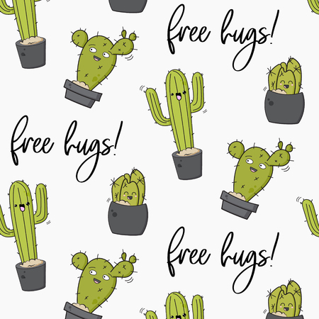 Vector happy cactus print. Cool kids design with succulents. Free hugs cacti decoration. cute doodle cartoon illustration. Funny hugs textureの写真素材