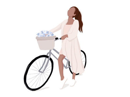 Simple woman on bike illustration. Flat girl on bicycle modern lifestyle leisure. Urban activity. Vector adventure transport, summer outdoor activityの写真素材