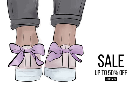 Vector modern sneakers with bow banner. Trendy hipster street style illustration. Lifestyle magazine flyer advertising.  Glamour fashionの写真素材