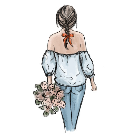 Romantic woman illustration. Hand drawn beautiful young woman holding flower bouquet. Glamour fashion outfit jeans, offshoulder top, pigtail with bowのイラスト素材