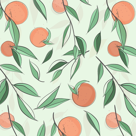 Summer fruit peach banner. Vector sketch illustration. Exotic leaves nectarine pattern. Pastel color print. Doodle sweet texture. Botanical jungle floral background. Beach nature collection.の写真素材