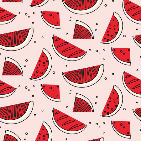 Watermelon summre fruit concept. Fern botanical scandinavian pattern. Retro line art tropical print. Geometric trendy vintage sketch food. Healthy fern texture background.の写真素材