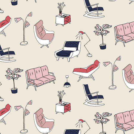 60s style furniture interior pattern. Cute pastel pink navy decoration.  Retro sofa, armchair, nightstand and lamp decoration. Stylish house furniture background.の写真素材