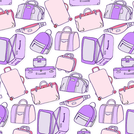 Luggage pattern. Baggage accessories suitcase, bum bag, travel gear, briefcase, duffle, backpack texture Vector summer surface printの写真素材