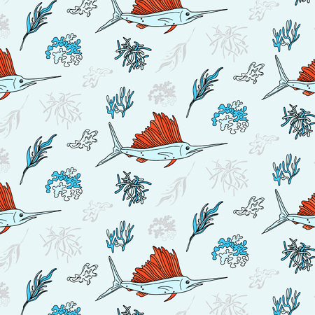Swordfish and seaweed contrast textile print. Vector underwater life pattern. Oceam plants and fish elements. Deep water animals cover. Summer graphic design for restaurantsの写真素材