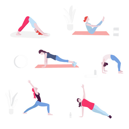 Yoga flat illustration. Vector minimal Character people decoration. Group acting sport lifestyle. Fitness training workoutの写真素材