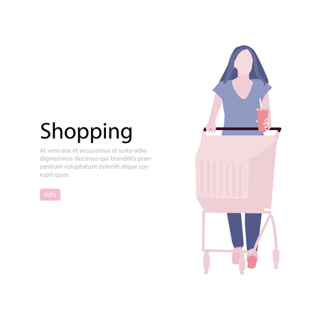 Web page design template for grocery shopping. Flat woman with food basket ilustraton. Weekend sale customer. Product choosing in supermarketの写真素材