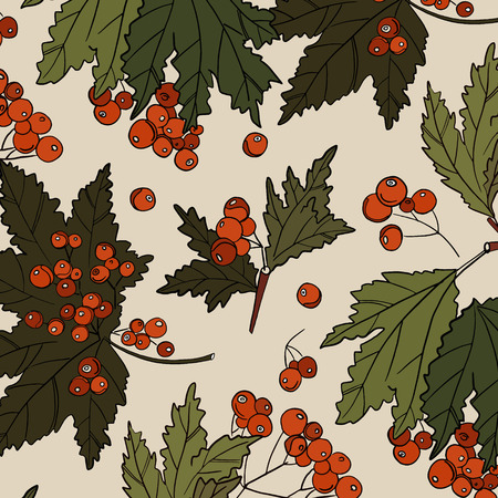 Rowan colored red berry with green leaves  pattern. Nature branch  cover decoration. Wildflower sorbus plant with leaves and berries.のイラスト素材