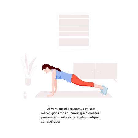 Woman making plank at home flat illustration. Active sport training practice. Girl fitness activity. Complex core care in room interior. energy warm up excersiceのイラスト素材