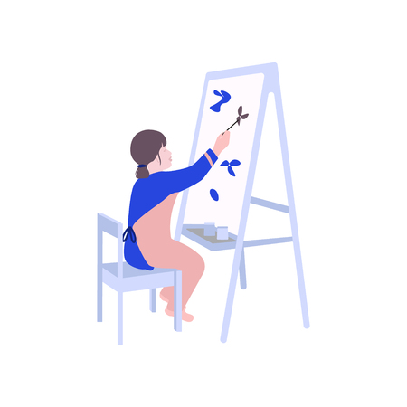 Girl painting flat illustration. Child drawing game in kindergarten. Childhood spending free time advertising print. Chracted designのイラスト素材