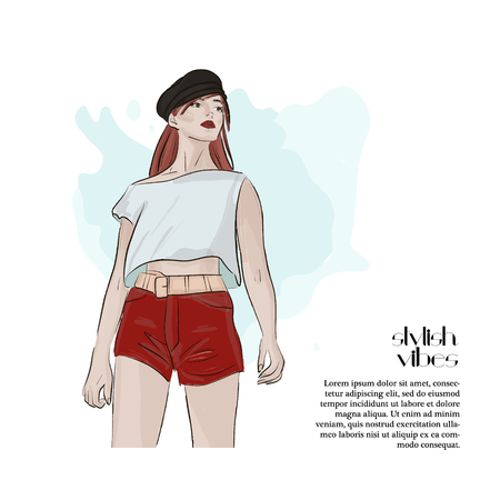 Beautiful woman glamour illustration. Fashion magazine model casual look. Watercolor sketch girl in t shirt and shorts, cap. Character drawing posterのイラスト素材