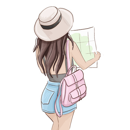 Summer tourist illustration. Vector traveller girl holding map. Glamour fashion magazine sketch, woman in shorts and hat  with pink backpack . Weekend adventure.のイラスト素材