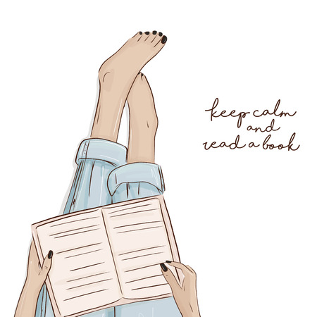 Girl reading book sketch illutration.  Vector city character. Barefoot woman holding book on her legs atwork. Student leisure, education cartoon design.のイラスト素材