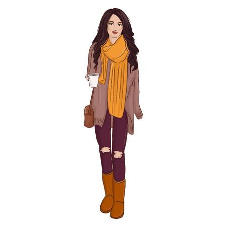 Vector fashion illustration. Autumn style poster with glamour woman in boots, jeans, sweater sketch. Glamour Model print. Trendy character decorationのイラスト素材