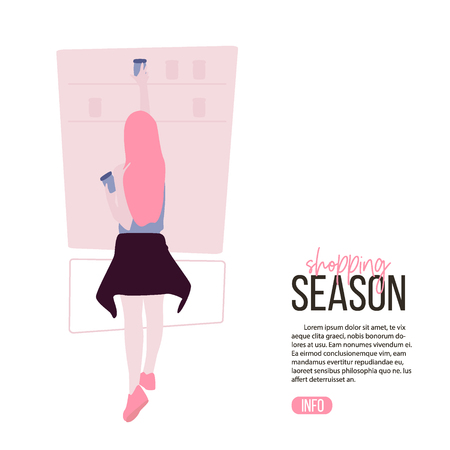 Woman in supermarket.  Girl byuing drinks in product store. Retail flat illustration. Flat character Food bying print.のイラスト素材