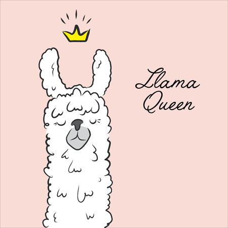 Llama queen drawing. Animal cute cartoon alpaca with crown illustration. Cartoon kids character. Cool slogan textのイラスト素材