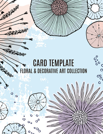 Floral magical greeting invitation card template design, leaves with circles, plants and hand drawn doodle graphics. Wedding, invitation flower leaf decorationのイラスト素材
