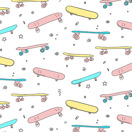 Skateboard doodle pattern. Extreme style graphic texture. Urban active lifestyle colorful skating decoration. Teen background.のイラスト素材