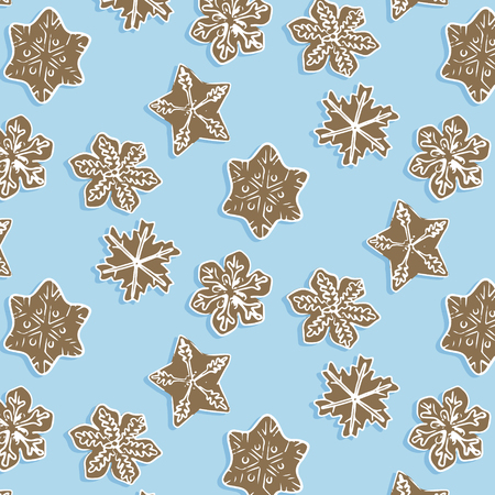 Winter snoflake cookie pattern. Cute brown homemade sweet decoraion. Snowflake dessert surface backgroundのイラスト素材