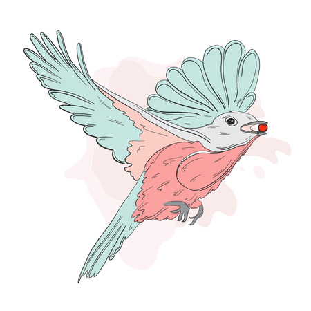 Small bird feeding with red berry autumn illustration. Winter sketch chickadee holding viburnum. Nature wildlife print. Kids ornitology colorful pastel drawingのイラスト素材